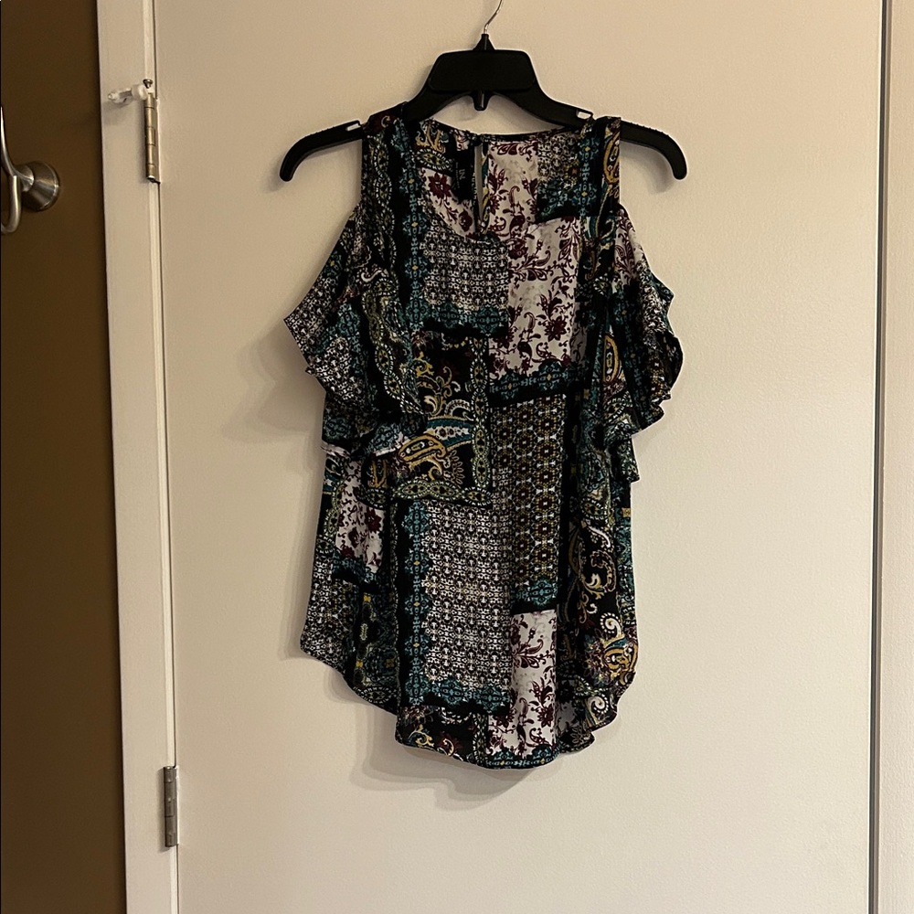 I.N. San Francisco Teal and Black Patchwork Cold-Shoulder Top